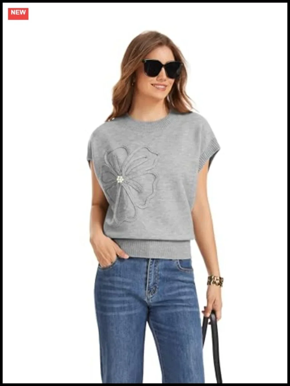 Women's Cap Sleeve Knit Sweater Top Crew Neck 3D Floral Applique Loose Fit